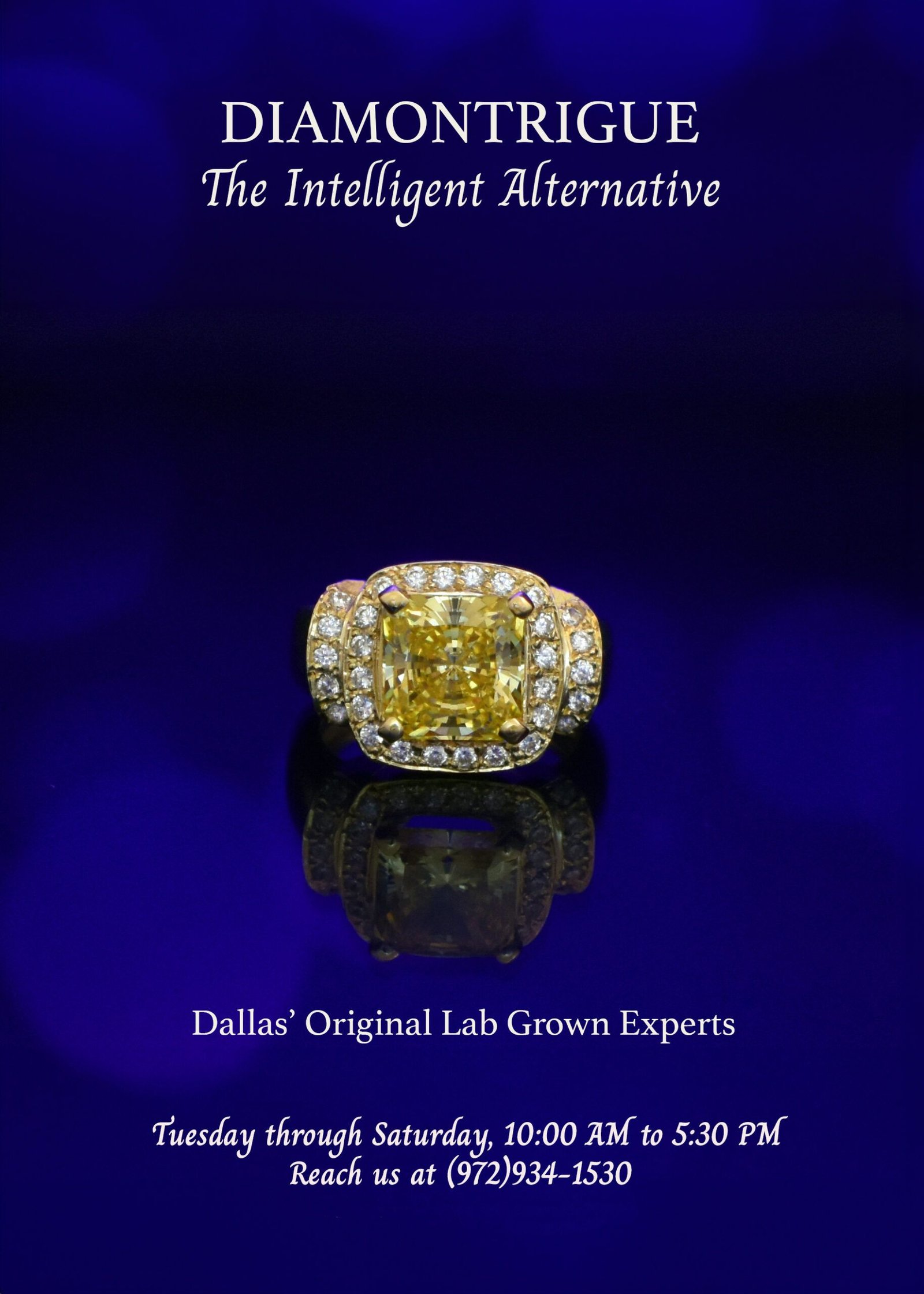 Diamontrigue, The Intelligent Alternative: a yellow lab-grown diamond ring in a diamond halo, gold setting. Dallas' Original Lab Grown Experts. Open Tuesday through Saturday, 10:00 AM to 5:30 PM. Phone (972) 934-1530.